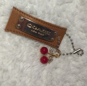 Coach Upcycled Tan Leather Key Hangtag  & Red Cherry Charm Keychain